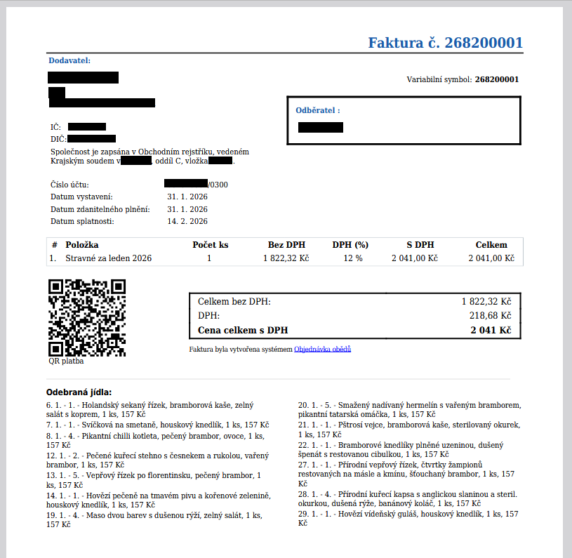 Platby — automaticky vygenerovaná faktura s přesným rozpisem co daný člověk jedl