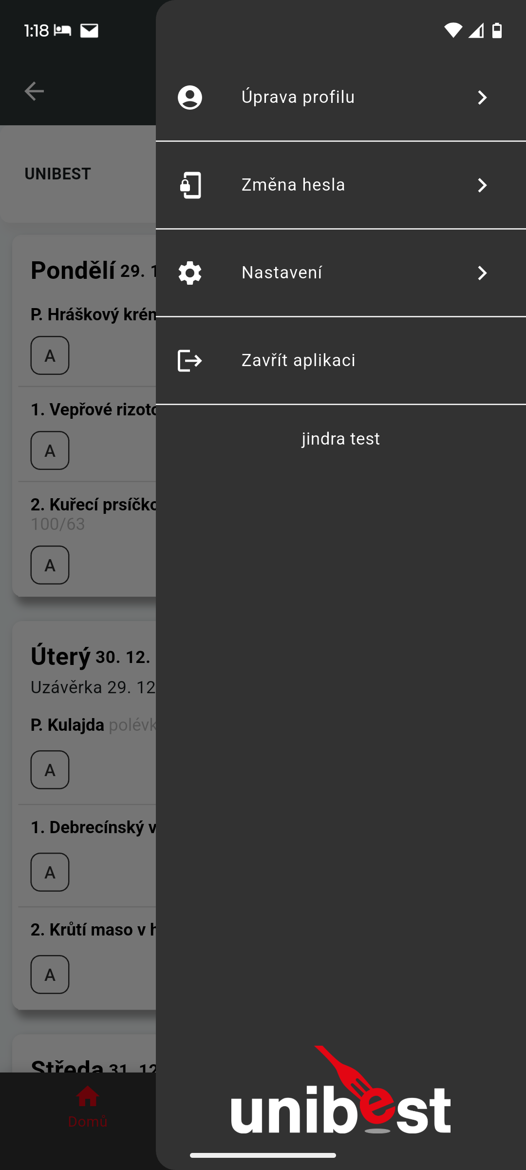 White-label — detail jídelníčku v aplikaci Unibest