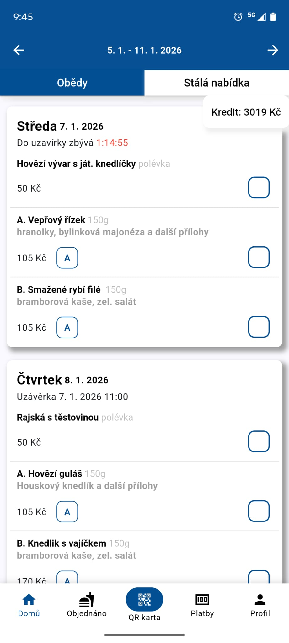 Mobilní aplikace — objednávka jídla a platba kreditem
