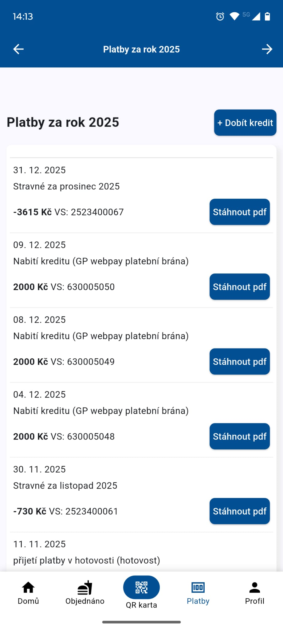 Mobilní aplikace — přehled plateb a historie transakcí