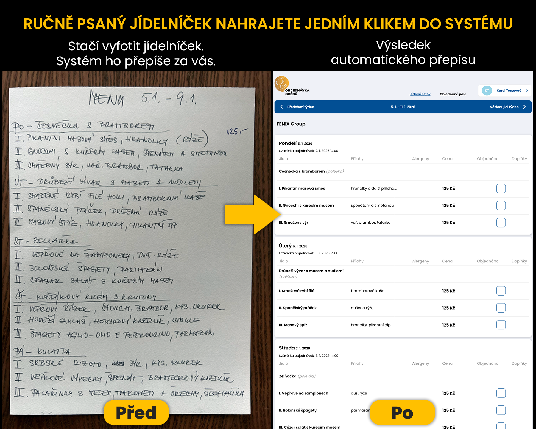 AI automatizace — ručně psaný jídelníček vlevo, digitální verze v systému vpravo