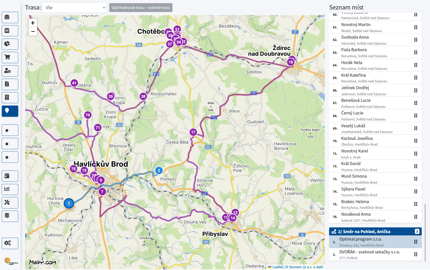 Rozvoz — přehled všech tras a polohy řidičů na mapě
